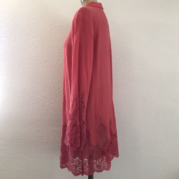 Soft Surroundings Coral Pink Cotton Linen Crochet Boho Long Sleeve Top Tunic - L - Picture 4 of 9